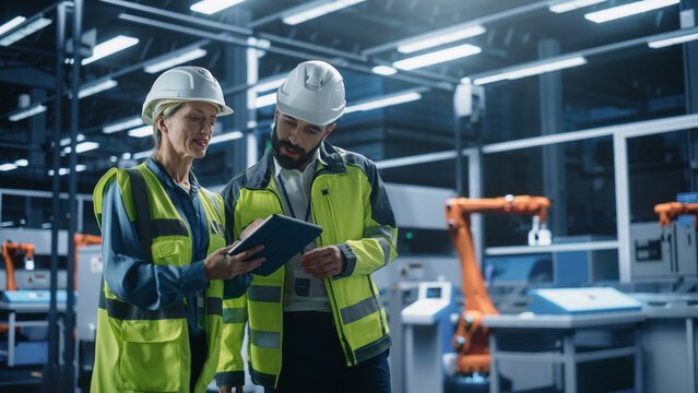 Portrait of Hispanic Male Process Engineer and Caucasian Female Production Supervisor Walking, Using Laptop, and Discussing Production at Industrial Machinery Manufacturing Plant with Robotic Arms.