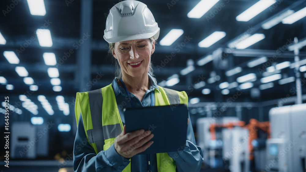 Poster thoughtful caucasian female engineer walking with a tablet computer, monitoring conditions at an aut