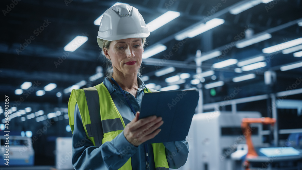Poster beautiful caucasian female engineer standing in factory hall, using tablet computer at industrial ma
