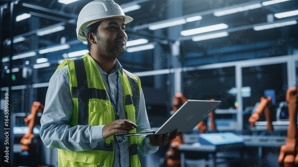 Poster portrait of an indian male engineer standing in factory office, using tablet computer at a machinery