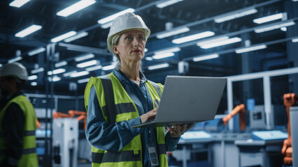 Portrait of Caucasian Female Engineer Using Laptop Computer and Looking Around a Factory Facility...