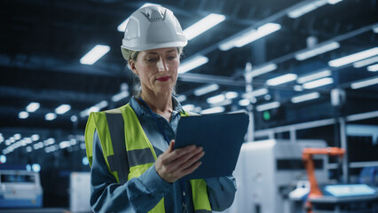 Beautiful Caucasian Female Engineer Standing In Factory Hall, Using Tablet Computer at Industrial...