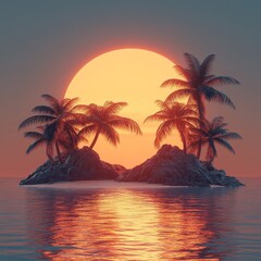 Tropical beach landscape with sea, sunset, and palm trees, contributing to an abstract tropical paradise island logo for a summer vacation concept. 3D rendering, Generative AI