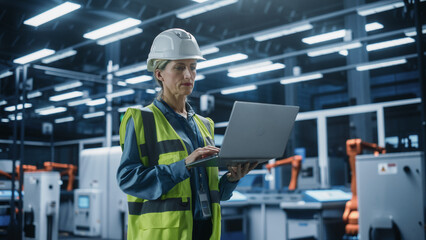 Portrait of Caucasian Female Engineer Using Laptop Computer and Looking Around a Factory Facility...
