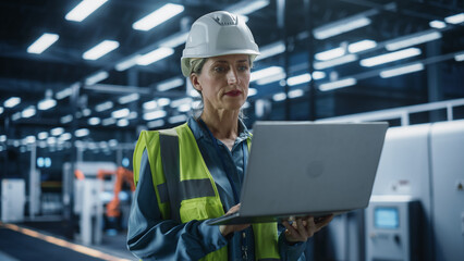 Portrait of Caucasian Female Engineer Using Laptop Computer and Looking Around a Factory Facility...