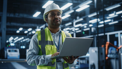 Portrait Of Thoughtful Indian Male Engineer Walking with a Tablet Computer, Monitoring Conditions at an Automated Industrial Machinery Assembly Line with Robot Hands Powered By Artificial Intelligence