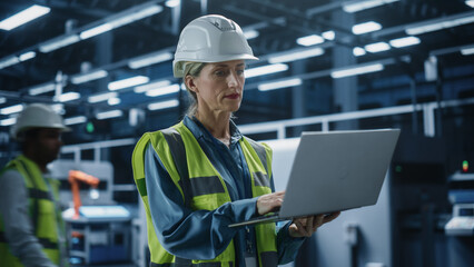 Portrait of Caucasian Female Engineer Using Laptop Computer and Looking Around a Factory Facility...