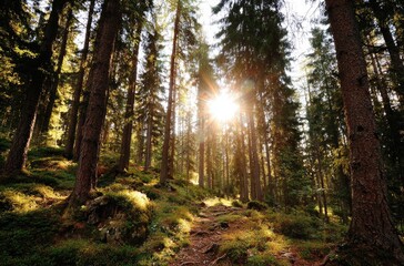 Fototapeta premium Sunlight streams through a dense forest