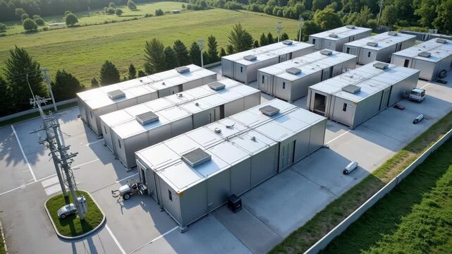 Dynamic aerial view showcases massive 4K energy storage power station, a vital hub for modern sustainable infrastructure and grid stability.