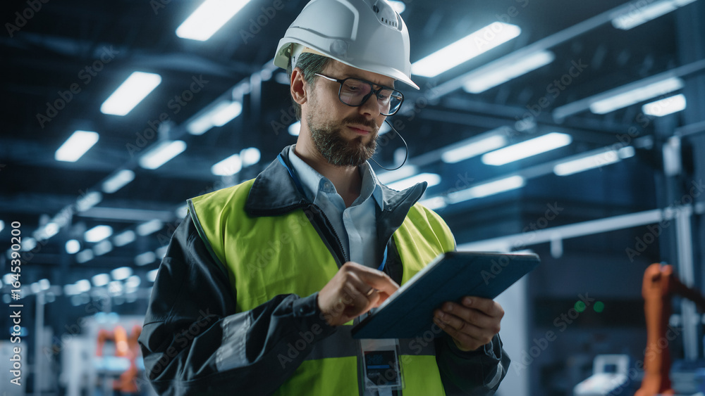 Poster portrait of caucasian male engineer wearing a hardhat and standing in modern factory hall, using tab