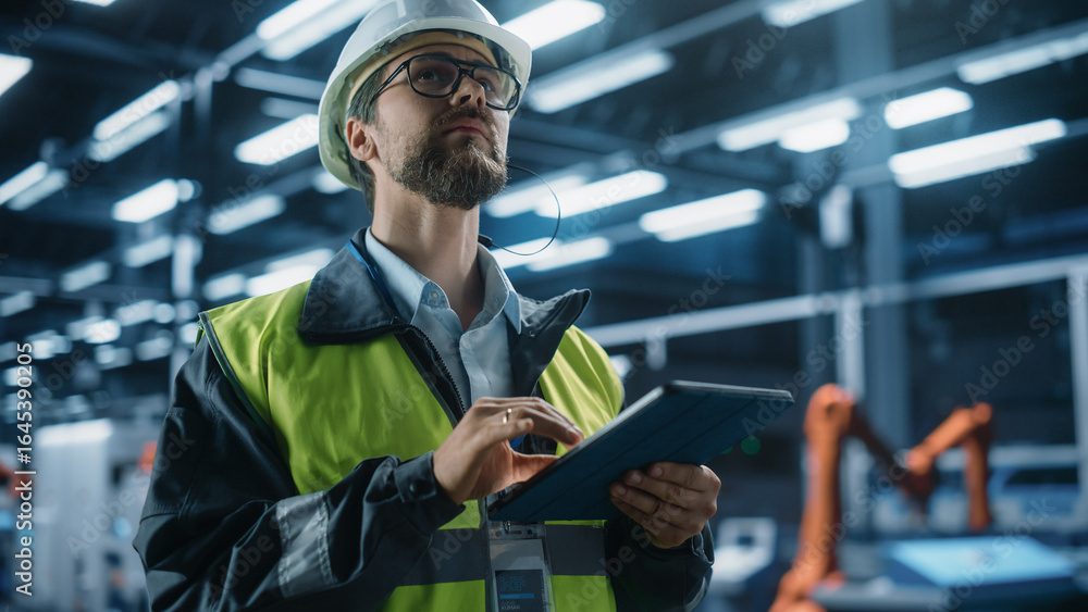 Poster portrait of caucasian male engineer wearing a hardhat and standing in factory hall, using tablet at 