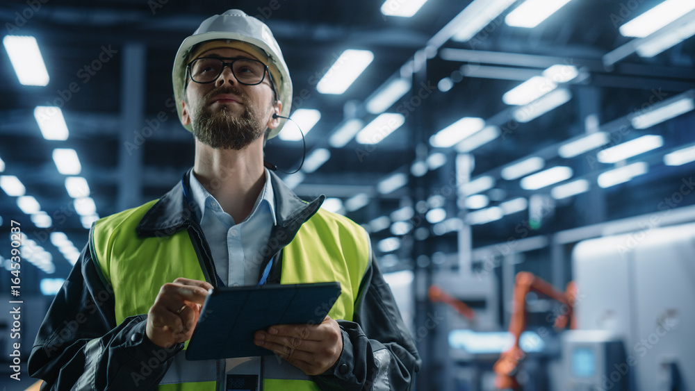 Poster thoughtful caucasian male engineer walking with a tablet computer, monitoring conditions at an autom
