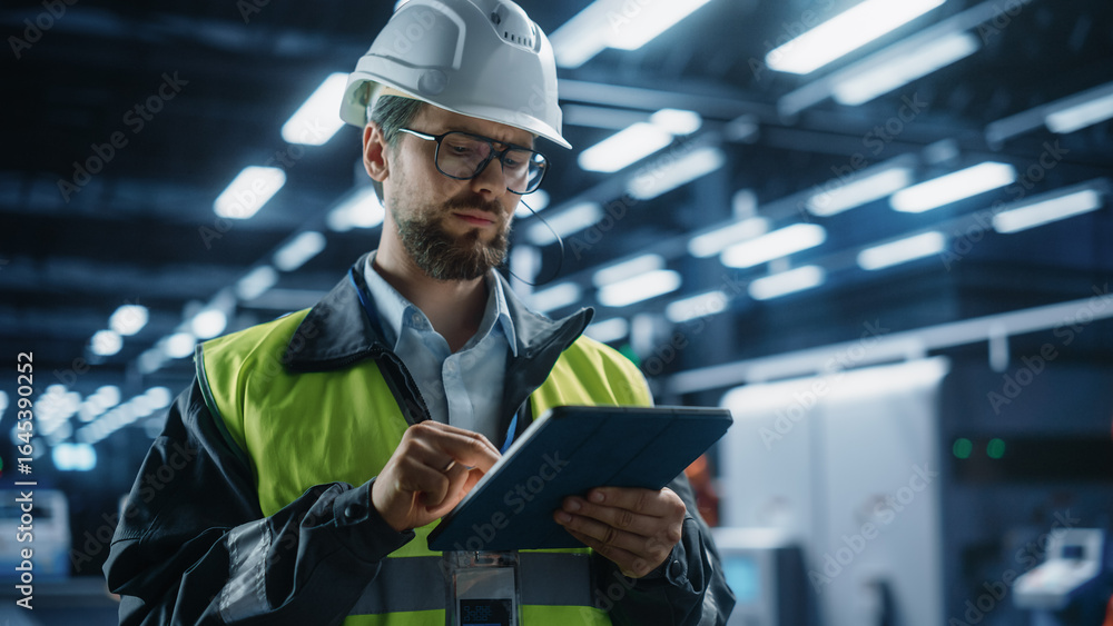 Poster portrait of caucasian male engineer wearing a hardhat and standing in modern factory hall, using tab