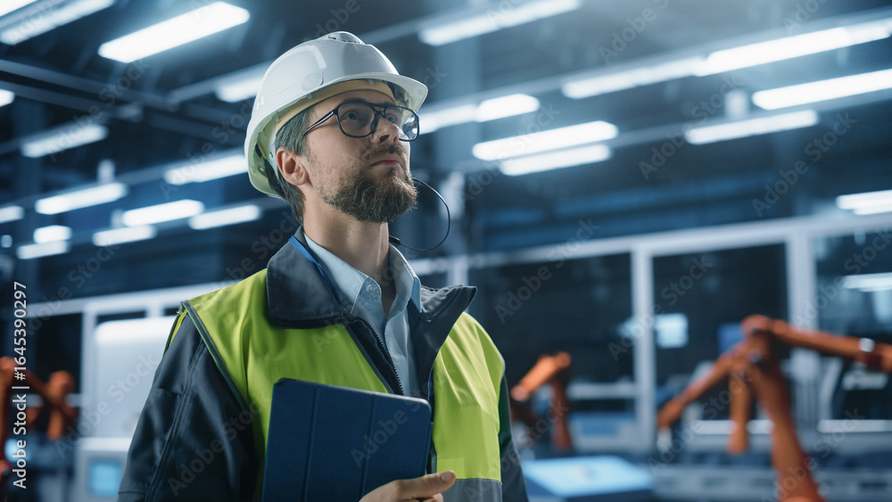 Poster thoughtful caucasian male engineer walking with a tablet computer, monitoring conditions at an autom