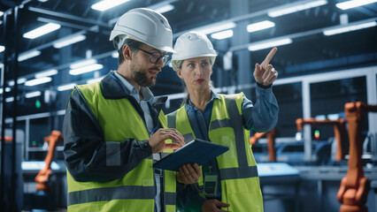 Portrait of Caucasian Male Process Engineer and Female Production Supervisor Standing In Factory...