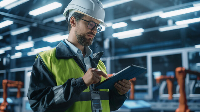 Thoughtful Caucasian Male Engineer Walking with a Tablet Computer, Monitoring Conditions at an Automated Industrial Machinery Assembly Line with Robot Hands Powered By Artificial Intelligence. - Powered by Adobe