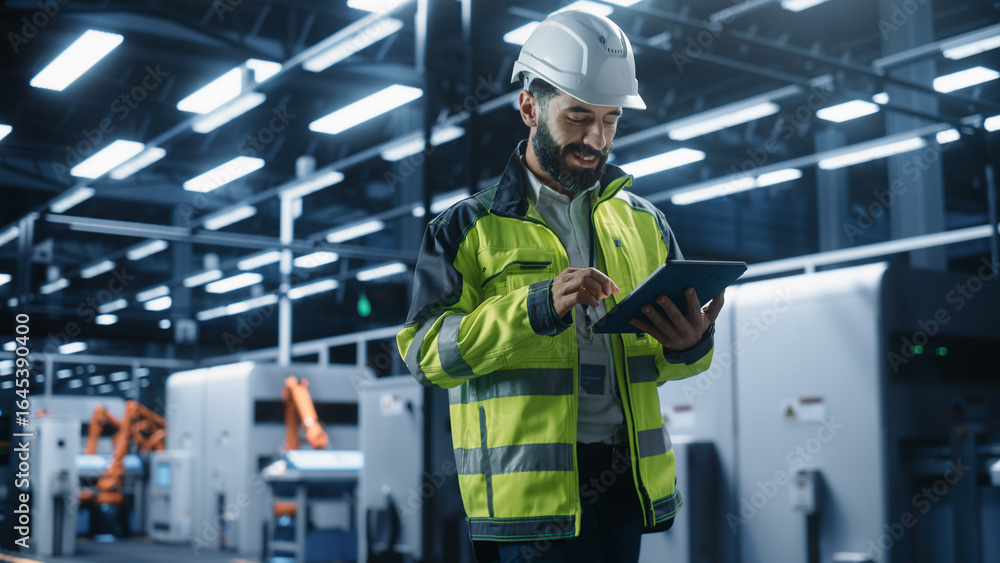 Poster portrait of hispanic male engineer walking with a tablet computer, monitoring conditions at an autom
