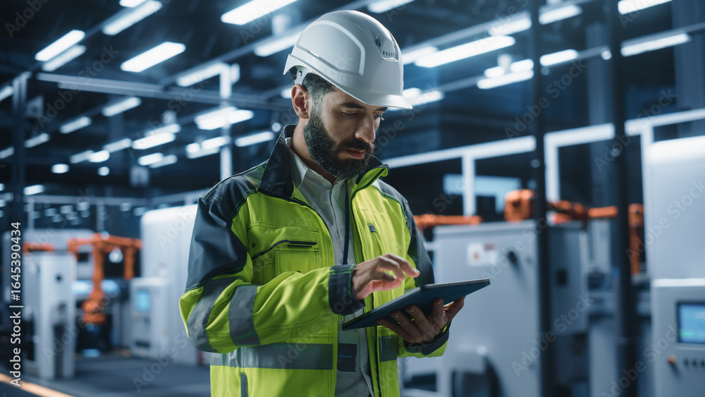 Poster portrait of hispanic male engineer walking with a tablet computer, monitoring conditions at an autom