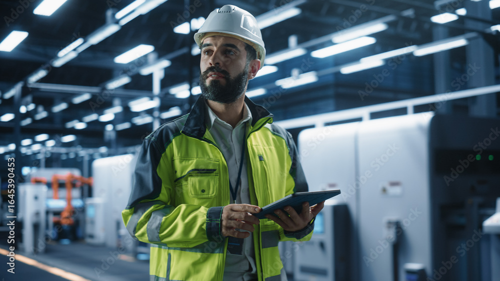 Poster thoughtful hispanic male engineer walking with a tablet computer, monitoring conditions at an automa