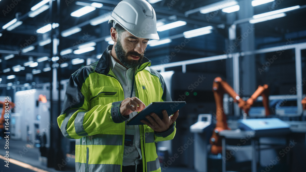 Poster portrait of hispanic male engineer walking with a tablet computer, monitoring conditions at an autom