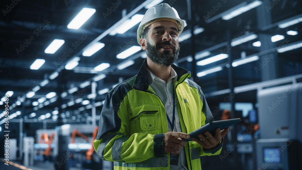 Poster portrait of hispanic male engineer walking with a tablet computer, monitoring conditions at an autom