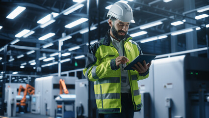 Portrait Of Hispanic Male Engineer Walking with a Tablet Computer, Monitoring Conditions at an...