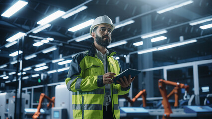 Thoughtful Hispanic Male Engineer Walking with a Tablet Computer, Monitoring Conditions at an Automated Industrial Machinery Assembly Line with Robotic Hands Powered By Artificial Intelligence.