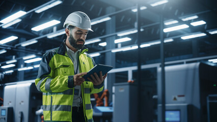 Portrait Of Hispanic Male Engineer Walking with a Tablet Computer, Monitoring Conditions at an...