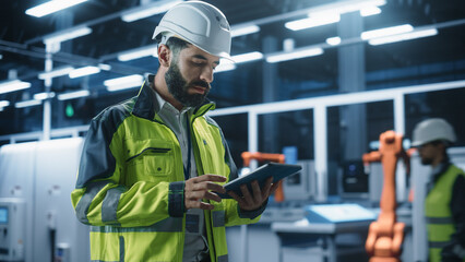 Thoughtful Hispanic Male Engineer Walking with a Tablet Computer, Monitoring Conditions at an...
