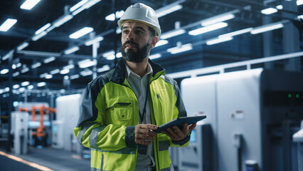 Thoughtful Hispanic Male Engineer Walking with a Tablet Computer, Monitoring Conditions at an...