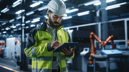 Portrait of Hispanic Male Engineer Walking with a Tablet Computer, Monitoring Conditions at an Automated Industrial Machinery Assembly Line with Robotic Hands Powered By Artificial Intelligence.
