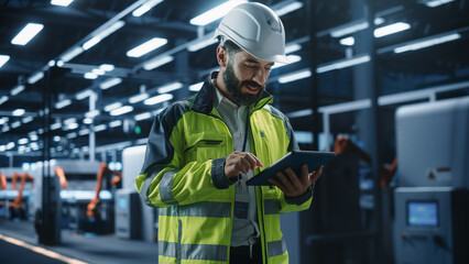 Thoughtful Hispanic Male Engineer Walking with a Tablet Computer, Monitoring Conditions at an...