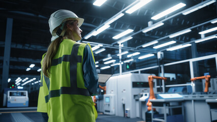 Portrait of an Caucasian Female Supervisor Standing In Factory Hall with a Colleague, Using Laptop...