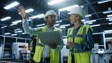 Portrait of Indian Male Professional Technician and Caucasian Female Engineer Standing In Factory...