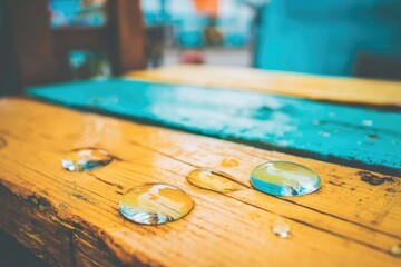 Water droplets on a colorful wooden bench