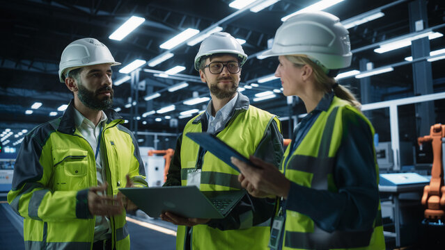 Meeting Of Diverse Engineers In Autonomous Factory Hall: Male And Female Specialists Using Tablet, Laptop And Discussing Industrial Machinery Production On Automated Assembly Line With Robotic Arms.