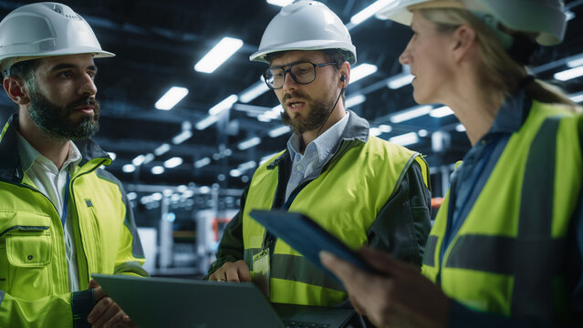 Meeting Of Diverse Engineers In Autonomous Factory Hall: Male And Female Technicians Using Tablet, Laptop And Discussing Industrial Machinery Production On Automated Assembly Line With Robotic Arms.