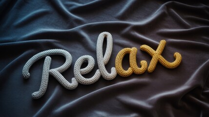 The word 'Relax' in a cursive script, knitted from silver and gold yarn on a dark fabric