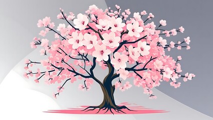 A Lone Sakura Tree with Pink Flowers on a Gray Background