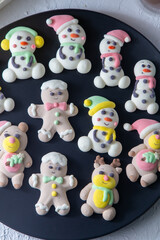 Christmas marshmallows. Winter candy. Sweet food in december. Snowman and Santa Claus