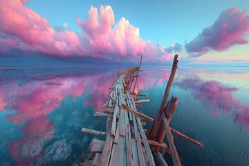 Wooden pier on a tranquil lake, vibrant pink clouds