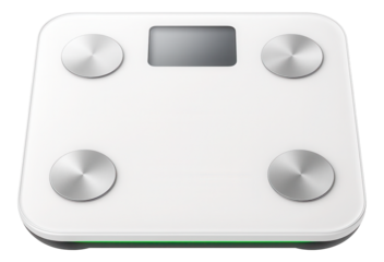 Smart scale with a minimalist white design and four metal electrodes for precise body composition assessment