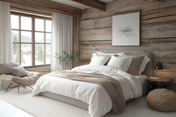 Farmhouse-style interior design for a modern bedroom, creating a cozy and rustic atmosphere. 3D rendering, Generative AI