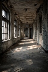Sunlit hallway in a dilapidated building with peeling paint, debris-strewn floor, and broken windows revealing a somber, decaying interior
