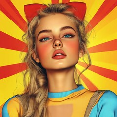 Pop art retro style featuring a young blonde woman on a vibrant, colorful background. 3D rendering, Generative AI