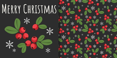 Christmas holiday banner and seamless pattern of Holly berries branches with green leaves and Merry Christmas text on black background with snowflakes.