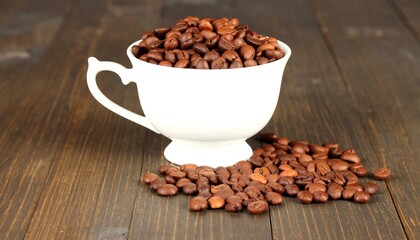 Fototapeta premium Coffee beans in a white cup on a wooden table.