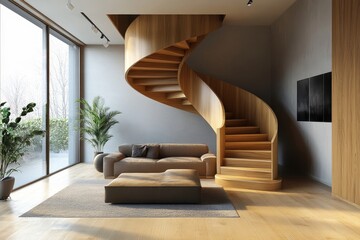Interior design of a modern living room featuring a wooden spiral staircase. 3D rendering, Generative AI