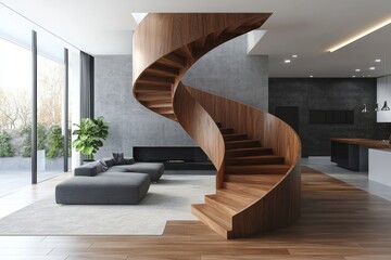 Interior design of a modern living room featuring a wooden spiral staircase. 3D rendering, Generative AI