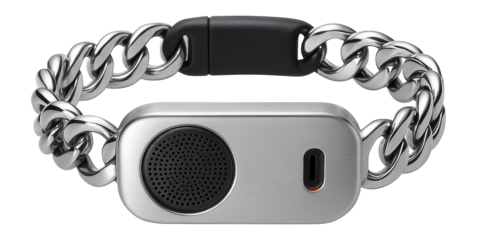 Emergency communication bracelet featuring a small speaker and microphone on a metallic chain
